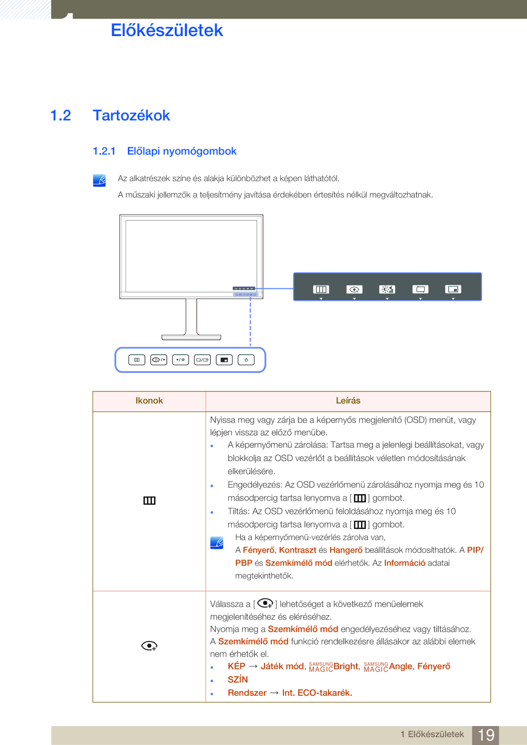 Samsung LU28E85KRS/EN, LU32E85KRS/EN, LU24E85KRS/EN manual Tartozékok, 1 Előlapi nyomógombok 