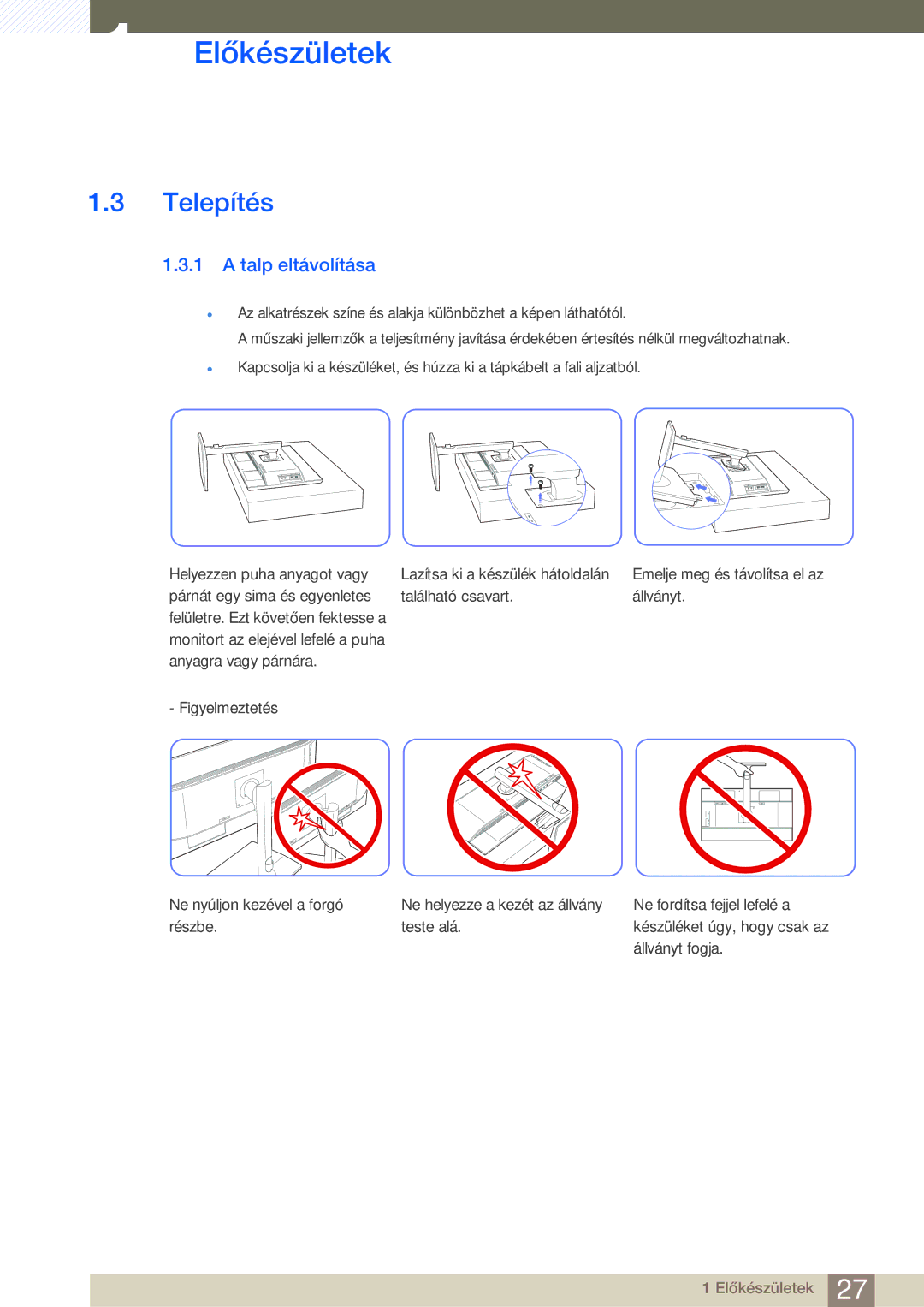 Samsung LU32E85KRS/EN, LU28E85KRS/EN, LU24E85KRS/EN manual Telepítés, Talp eltávolítása 