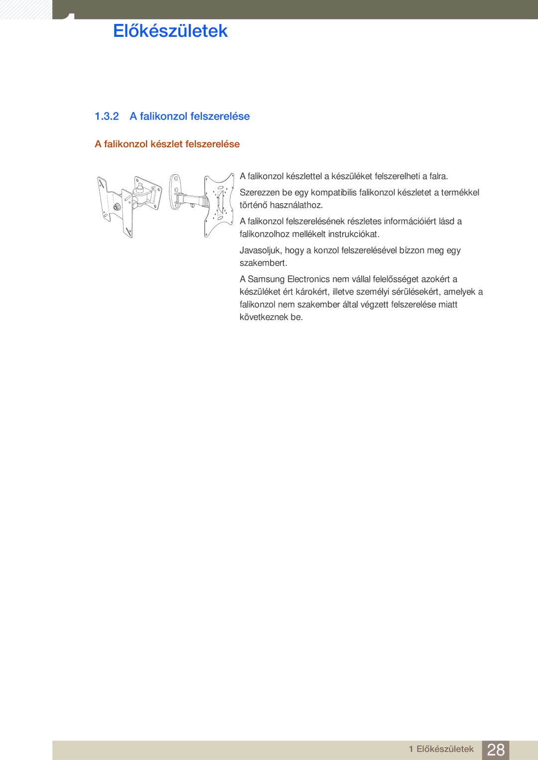 Samsung LU28E85KRS/EN, LU32E85KRS/EN, LU24E85KRS/EN manual Falikonzol felszerelése, Falikonzol készlet felszerelése 