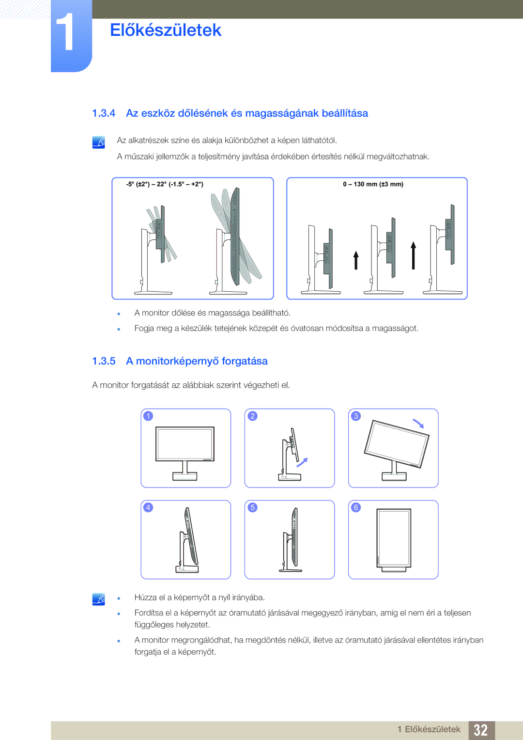 Samsung LU24E85KRS/EN, LU32E85KRS/EN manual Az eszköz dőlésének és magasságának beállítása, Monitorképernyő forgatása 