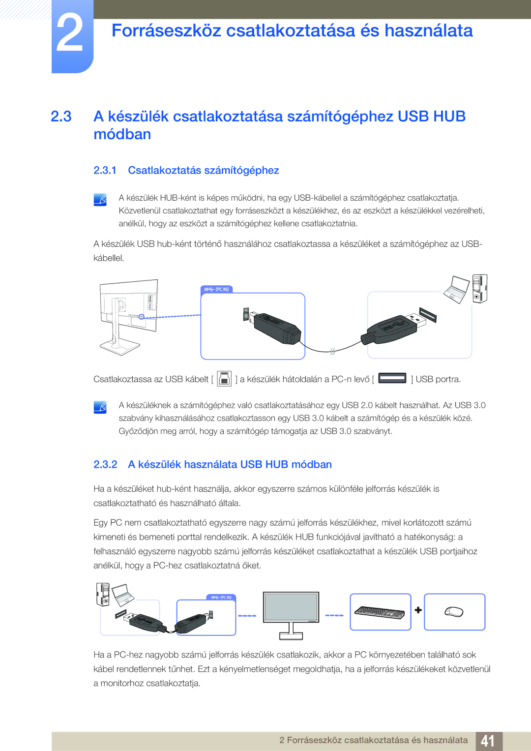 Samsung LU24E85KRS/EN, LU32E85KRS/EN A készülék csatlakoztatása számítógéphez USB HUB módban, Csatlakoztatás számítógéphez 