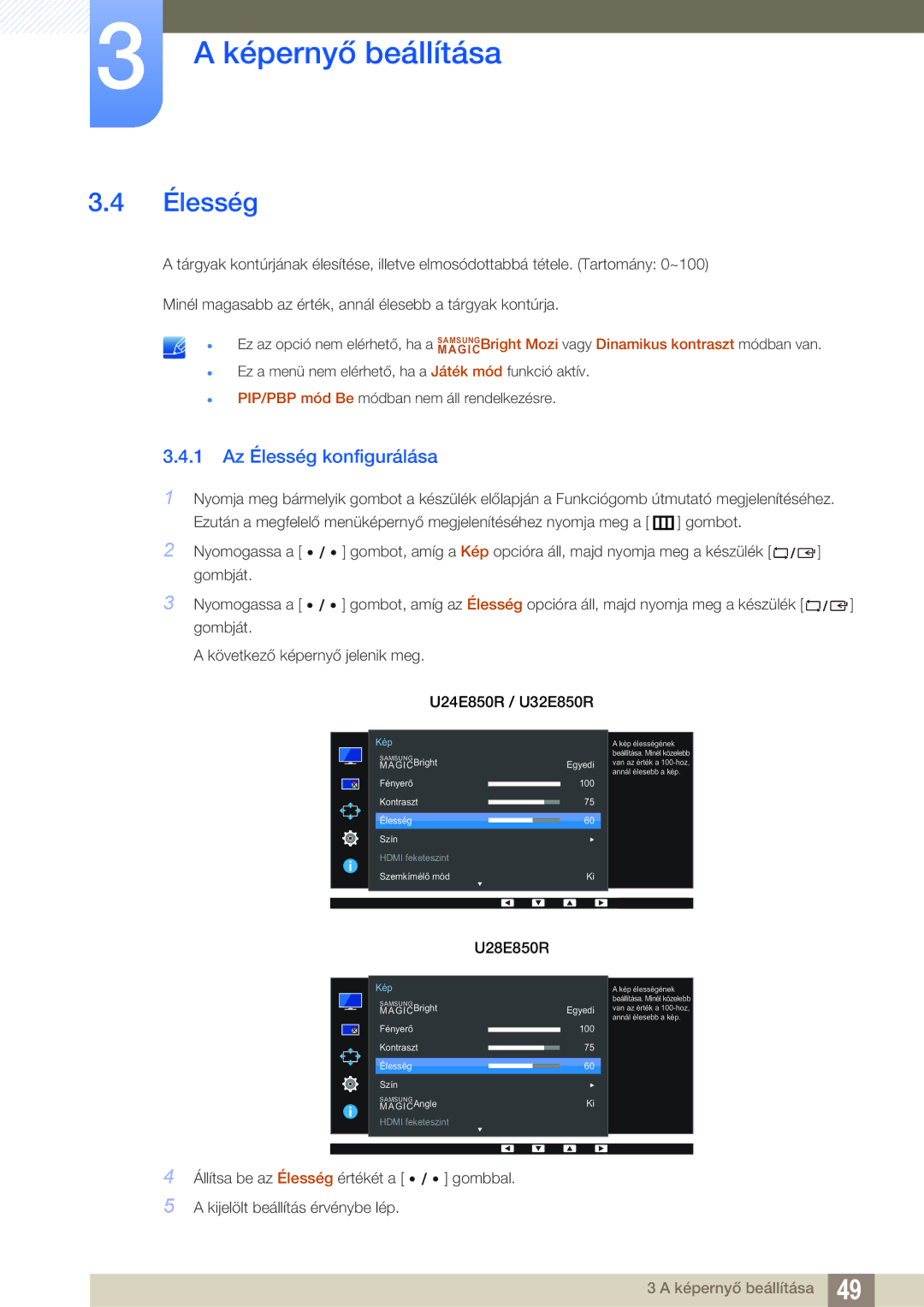 Samsung LU28E85KRS/EN, LU32E85KRS/EN, LU24E85KRS/EN manual 1 Az Élesség konfigurálása 