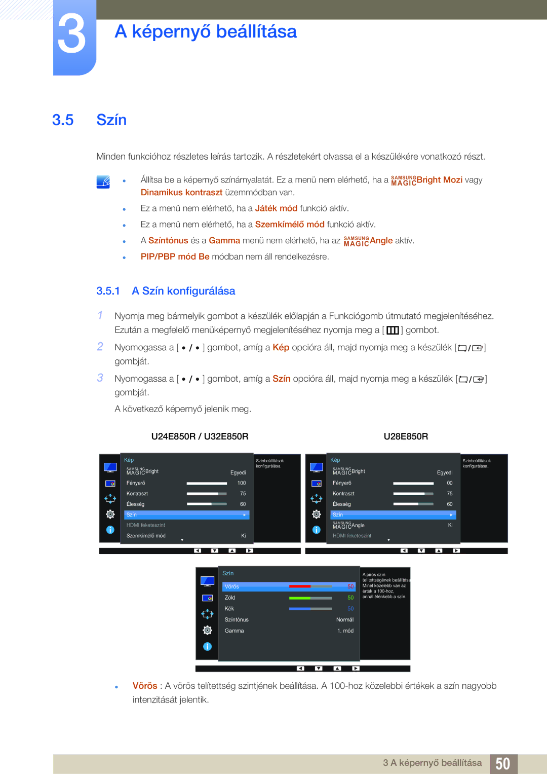 Samsung LU24E85KRS/EN, LU32E85KRS/EN, LU28E85KRS/EN manual Szín konfigurálása 