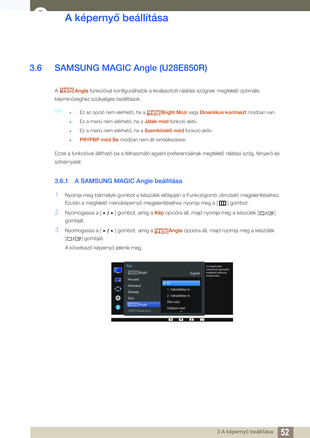 Samsung LU28E85KRS/EN, LU32E85KRS/EN, LU24E85KRS/EN manual Samsung Magic Angle U28E850R, Samsung Magic Angle beállítása 