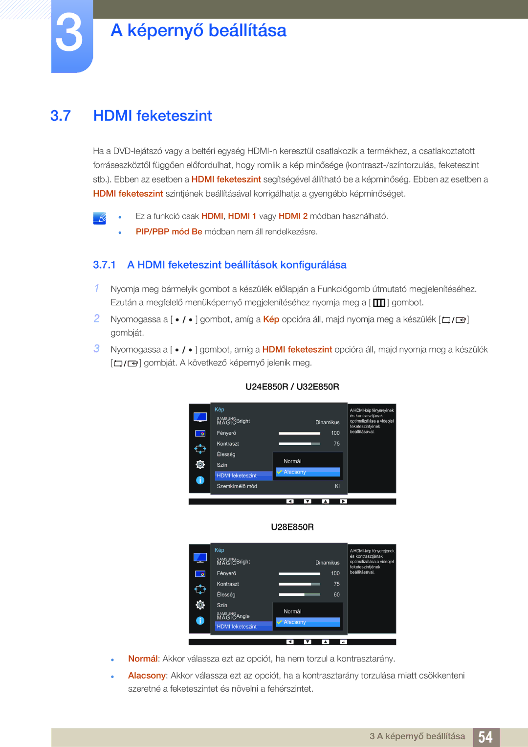 Samsung LU32E85KRS/EN, LU28E85KRS/EN, LU24E85KRS/EN manual Hdmi feketeszint beállítások konfigurálása 