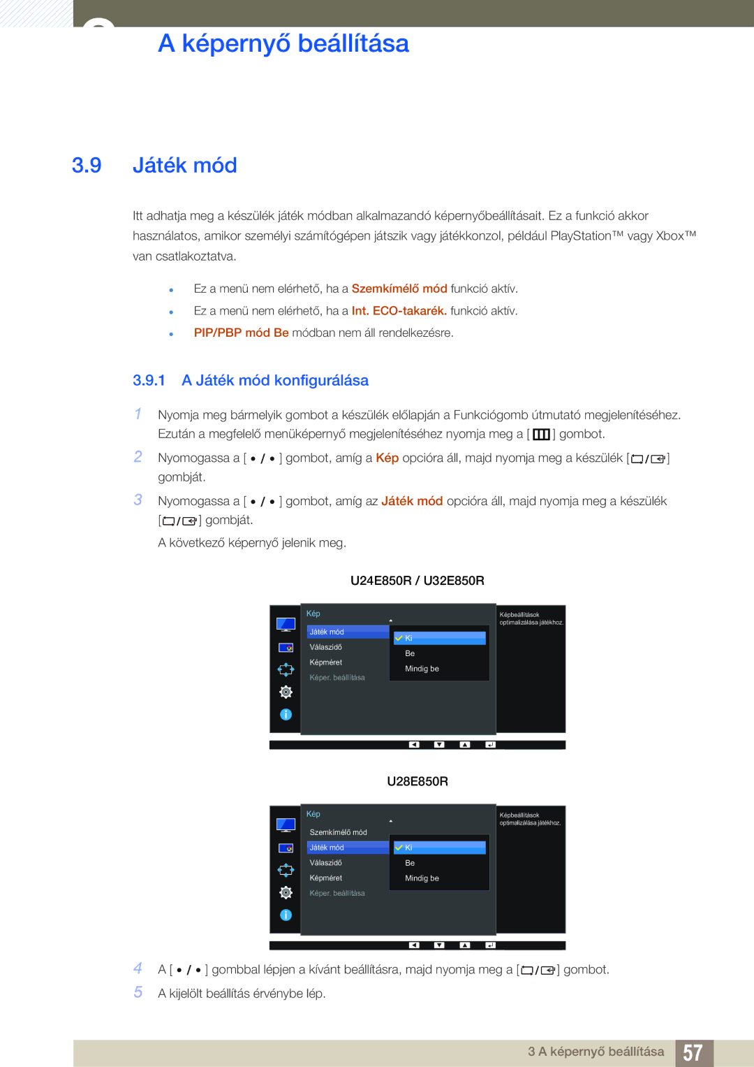 Samsung LU32E85KRS/EN, LU28E85KRS/EN, LU24E85KRS/EN manual 1 a Játék mód konfigurálása 