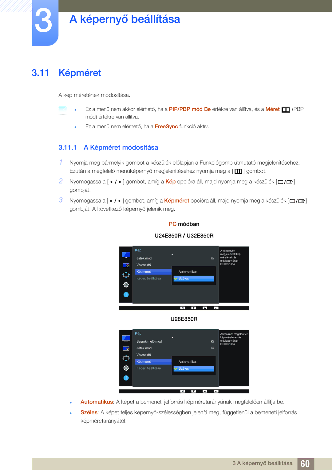 Samsung LU32E85KRS/EN, LU28E85KRS/EN, LU24E85KRS/EN manual 11 Képméret, 11.1 a Képméret módosítása 