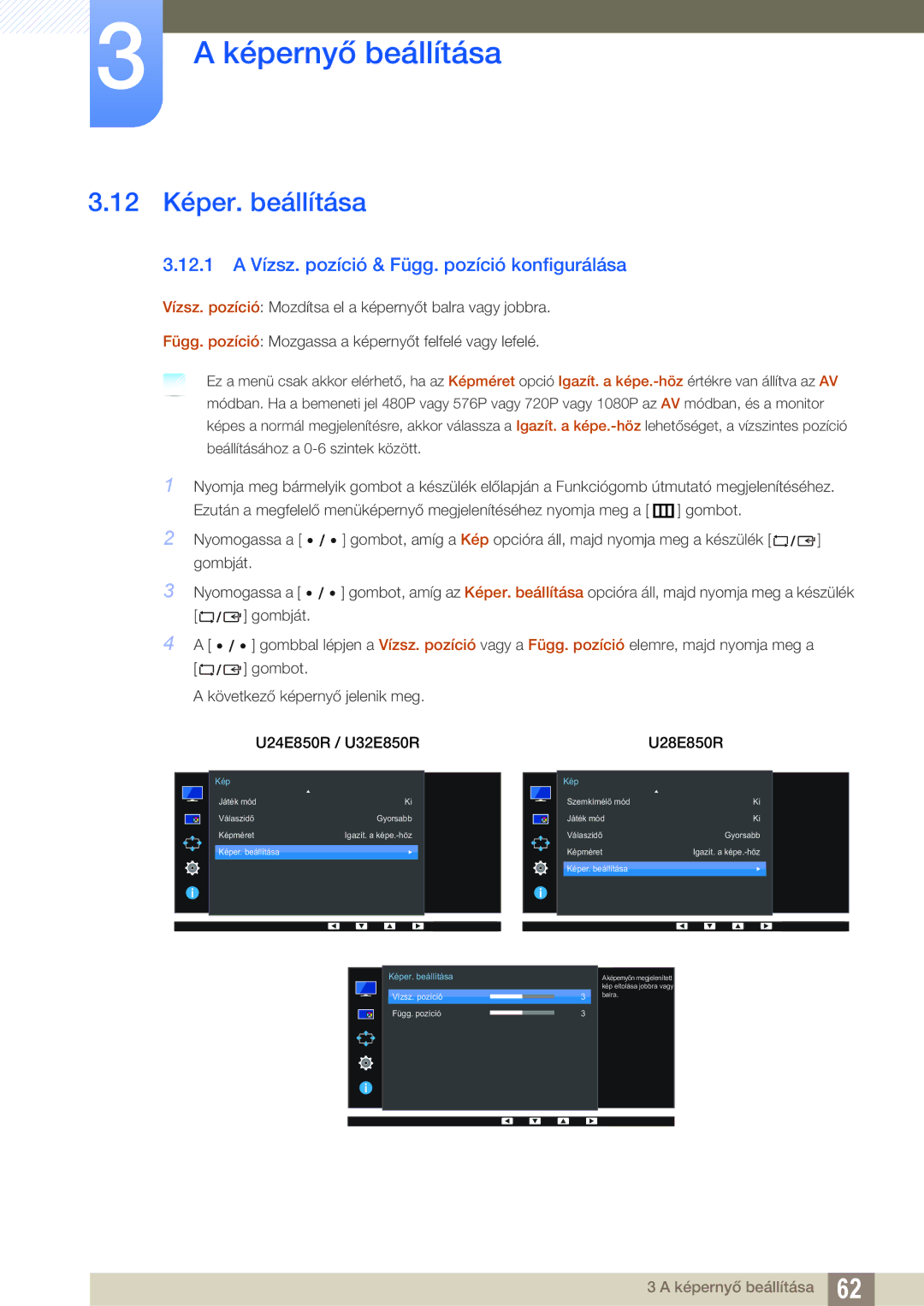 Samsung LU24E85KRS/EN, LU32E85KRS/EN manual 12 Képer. beállítása, 12.1 a Vízsz. pozíció & Függ. pozíció konfigurálása 