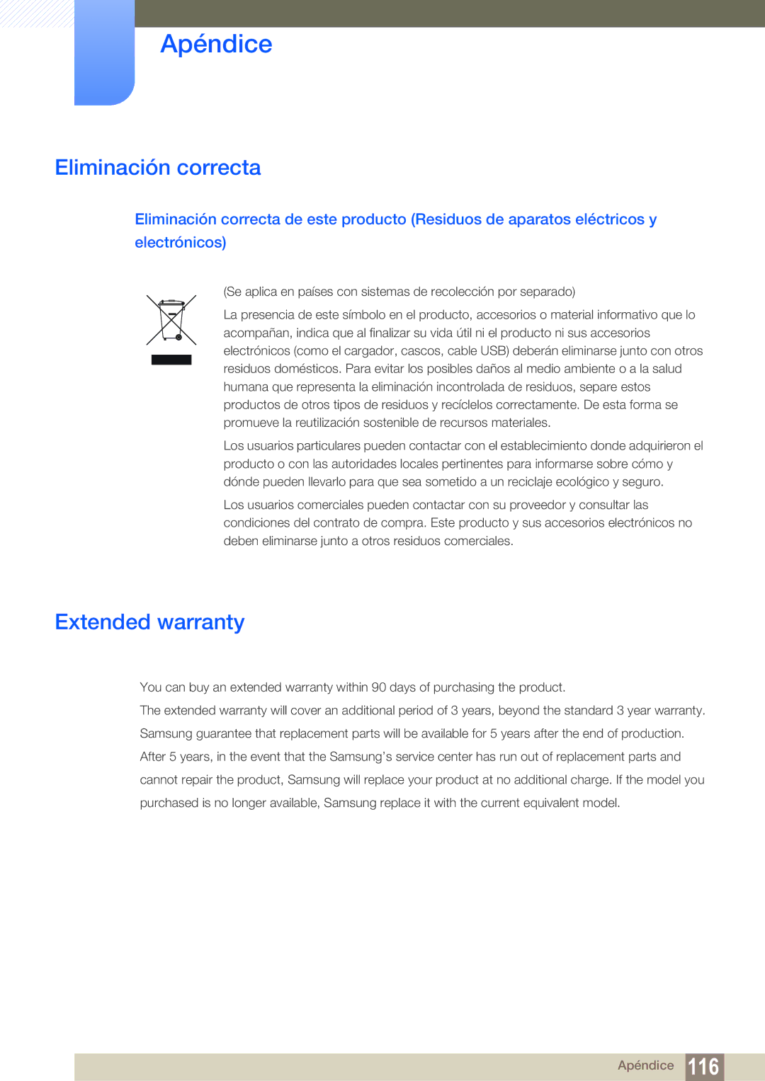 Samsung LU32E85KRS/EN manual Eliminación correcta, Extended warranty 