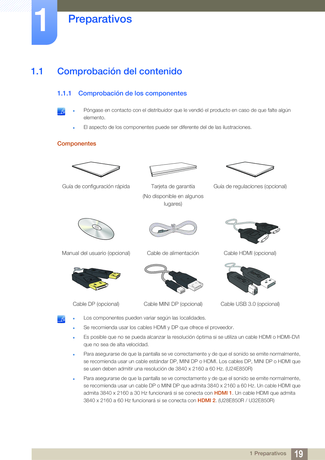 Samsung LU32E85KRS/EN manual Preparativos, Comprobación del contenido, Comprobación de los componentes, Componentes 