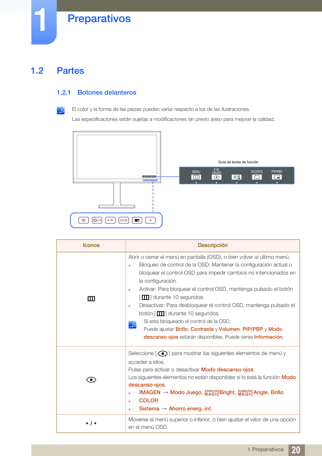 Samsung LU32E85KRS/EN manual Partes, Botones delanteros,  Sistema Ahorro energ. int 