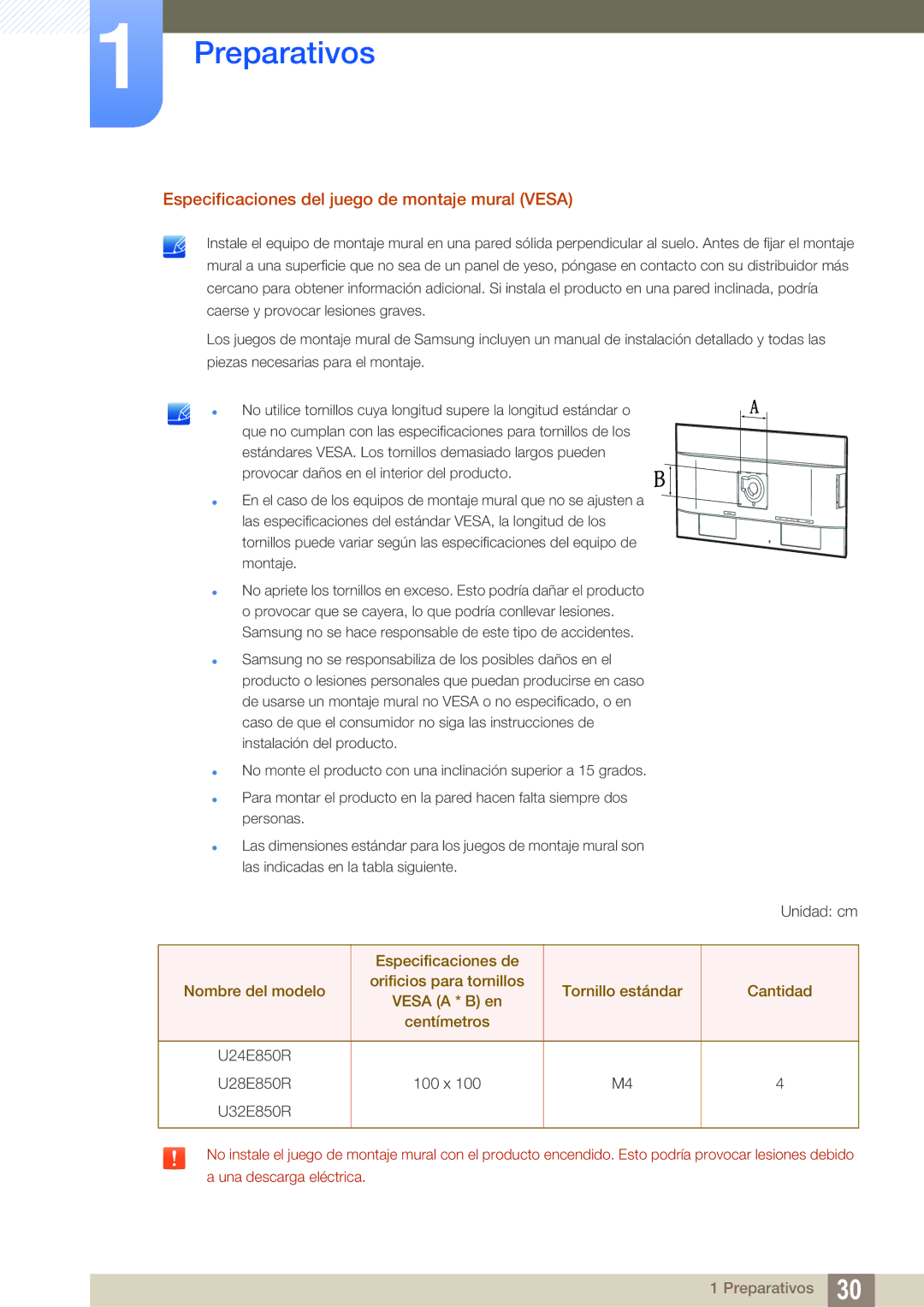 Samsung LU32E85KRS/EN manual Especificaciones del juego de montaje mural Vesa 