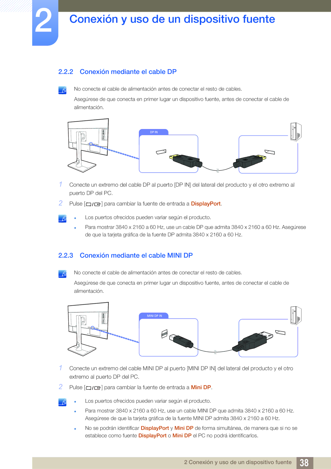 Samsung LU32E85KRS/EN manual Conexión mediante el cable DP, Conexión mediante el cable Mini DP 