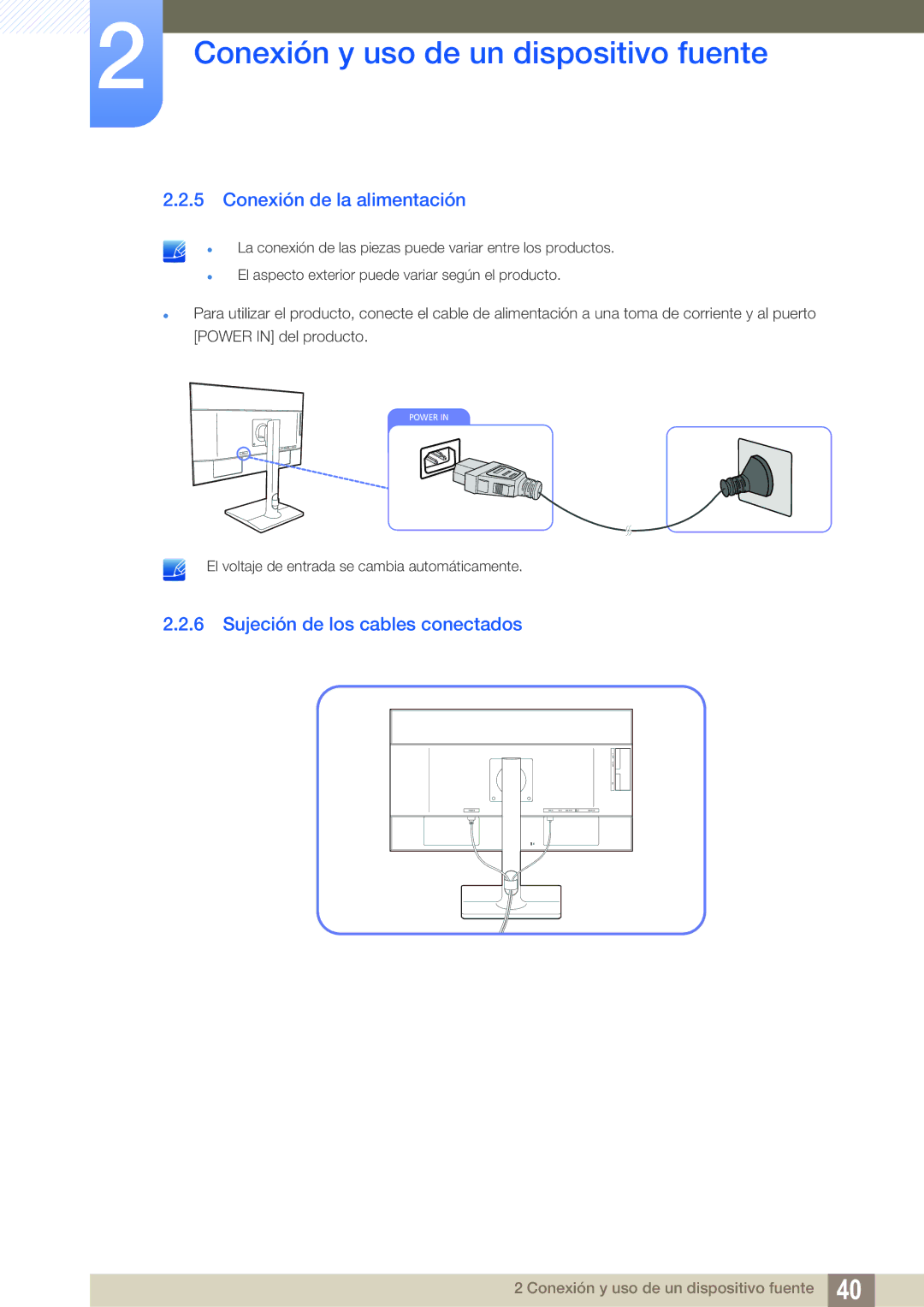 Samsung LU32E85KRS/EN manual Conexión de la alimentación, Sujeción de los cables conectados 