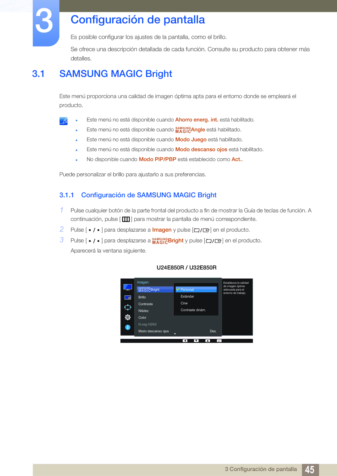 Samsung LU32E85KRS/EN manual Configuración de pantalla, Configuración de Samsung Magic Bright 