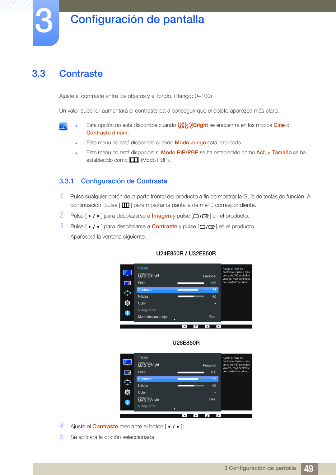 Samsung LU32E85KRS/EN manual Configuración de Contraste, MAGIC Contraste dinám 