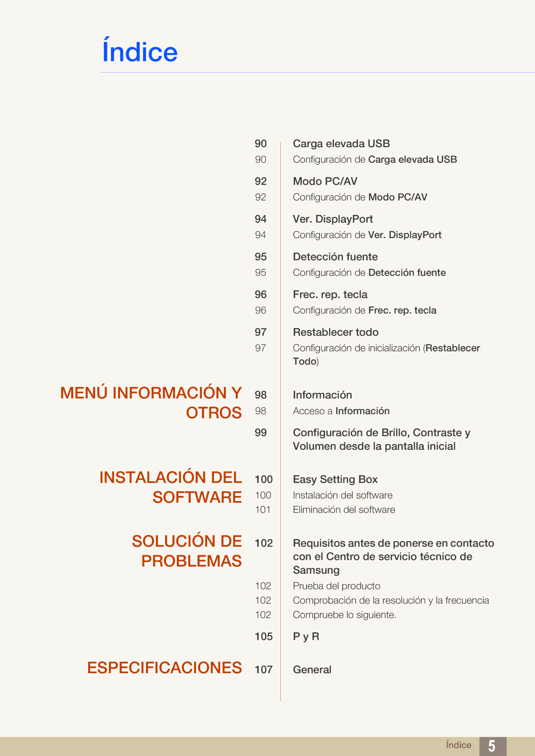 Samsung LU32E85KRS/EN manual Menú Información Y 98 Otros Instalación DEL 100 Software 