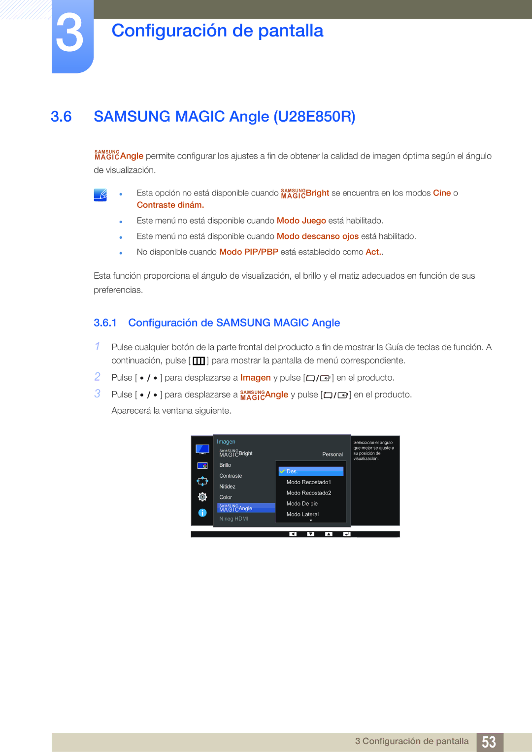 Samsung LU32E85KRS/EN manual Samsung Magic Angle U28E850R, Configuración de Samsung Magic Angle 