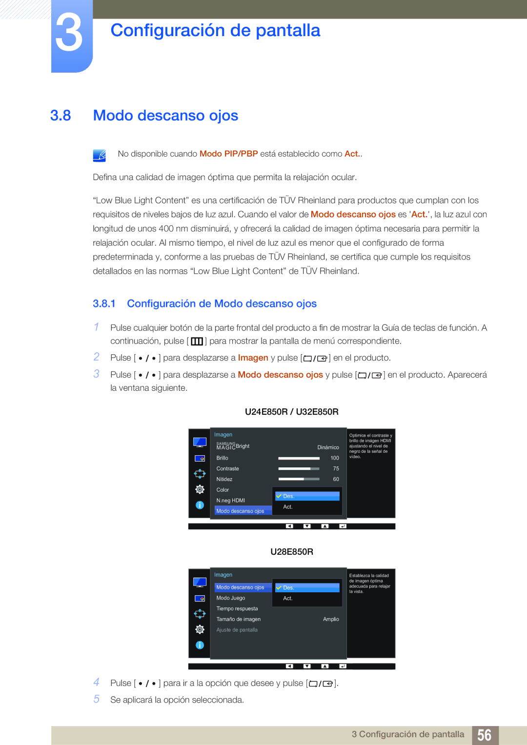 Samsung LU32E85KRS/EN manual Configuración de Modo descanso ojos 