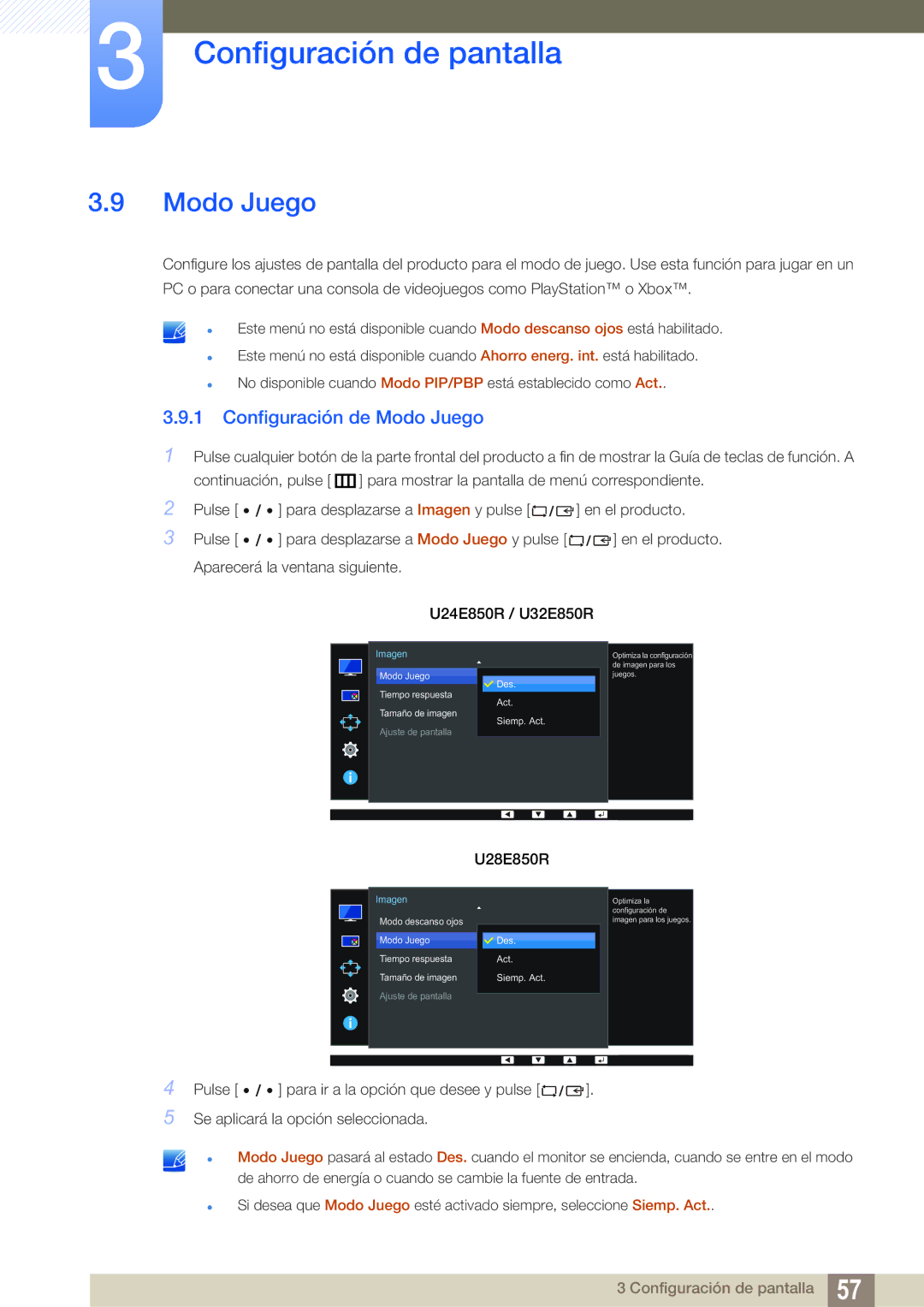 Samsung LU32E85KRS/EN manual Configuración de Modo Juego 