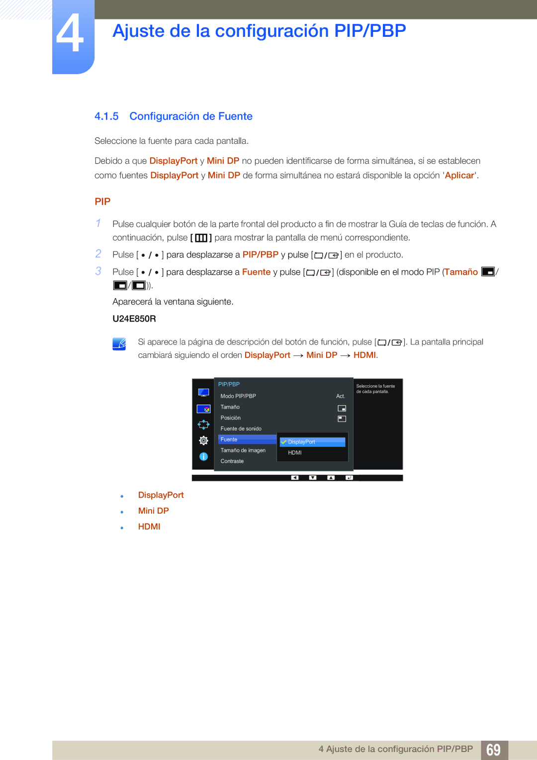 Samsung LU32E85KRS/EN manual Configuración de Fuente,  DisplayPort  Mini DP 