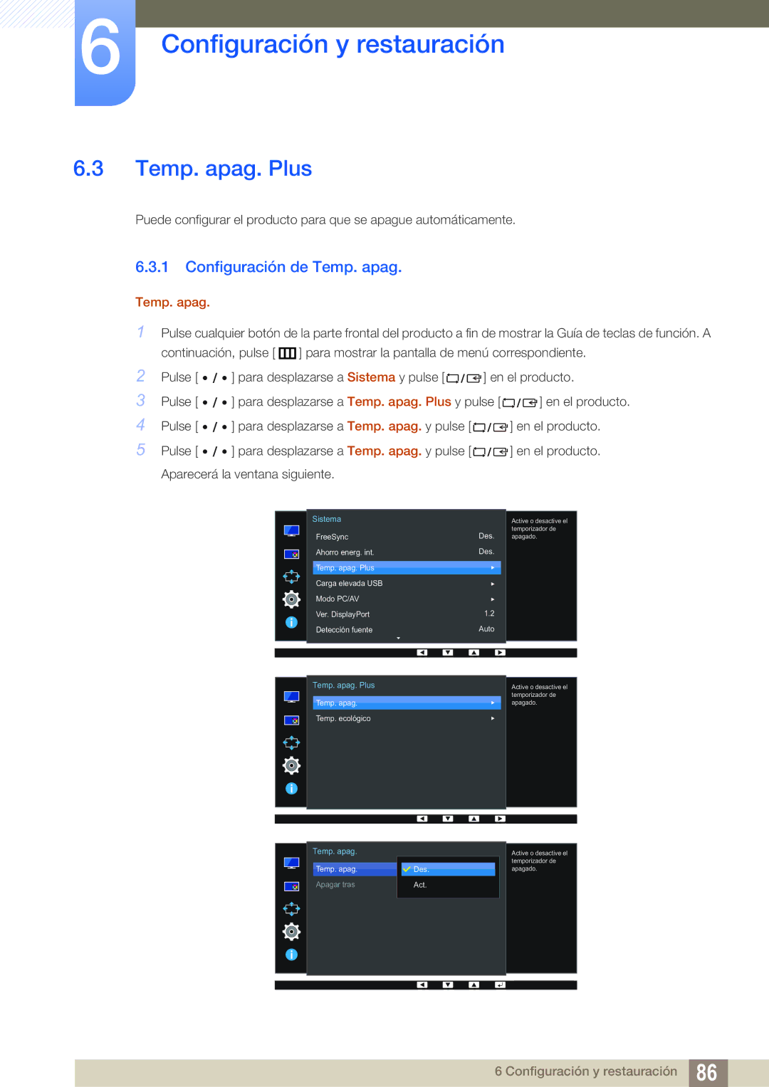 Samsung LU32E85KRS/EN manual Temp. apag. Plus, Configuración de Temp. apag 