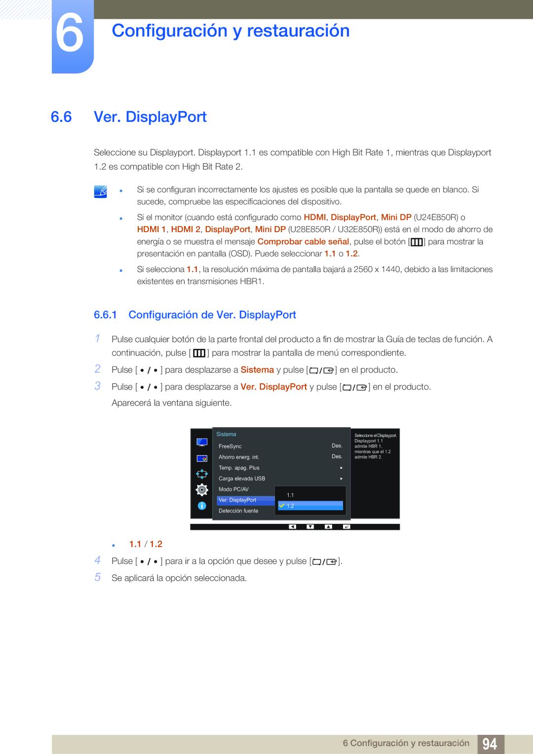 Samsung LU32E85KRS/EN manual Configuración de Ver. DisplayPort,  1.1 