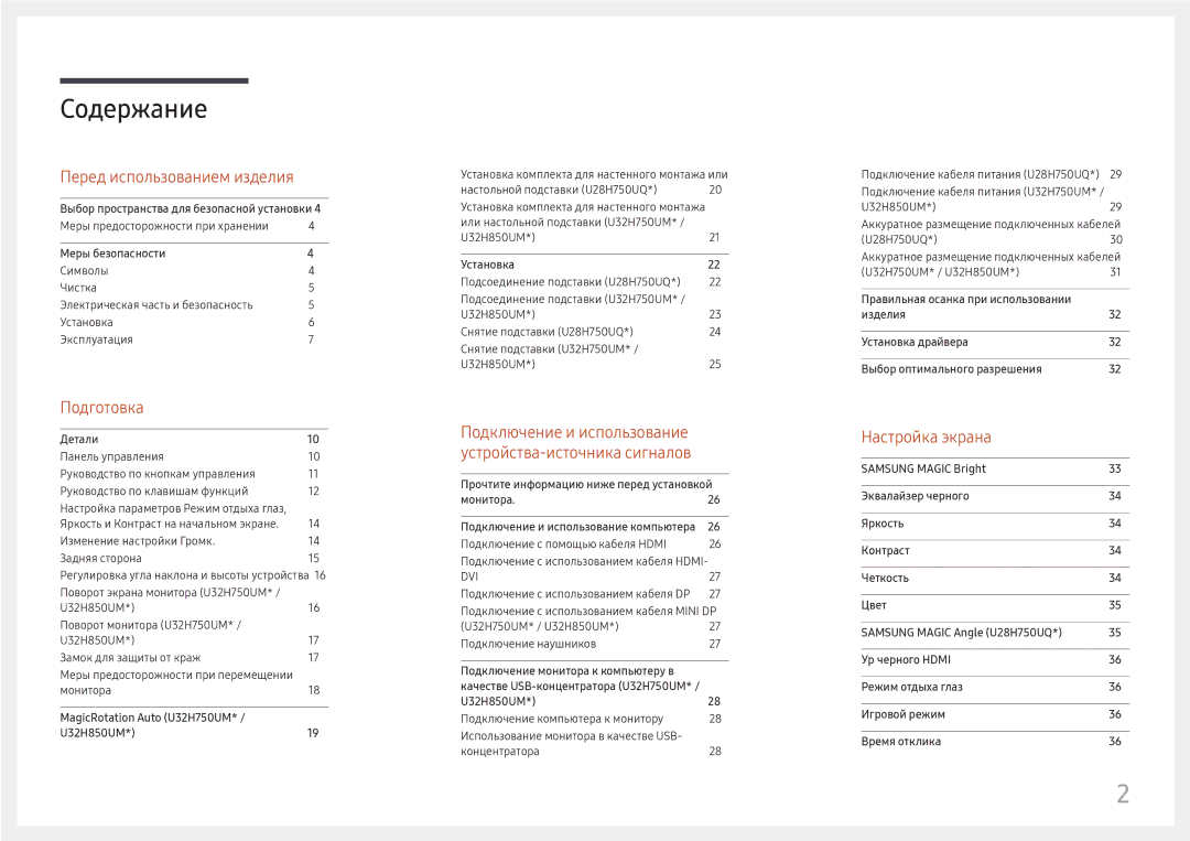 Samsung LU32H850UMIXCI, LU32H850UMUXEN, LU28H750UQIXCI manual Содержание 