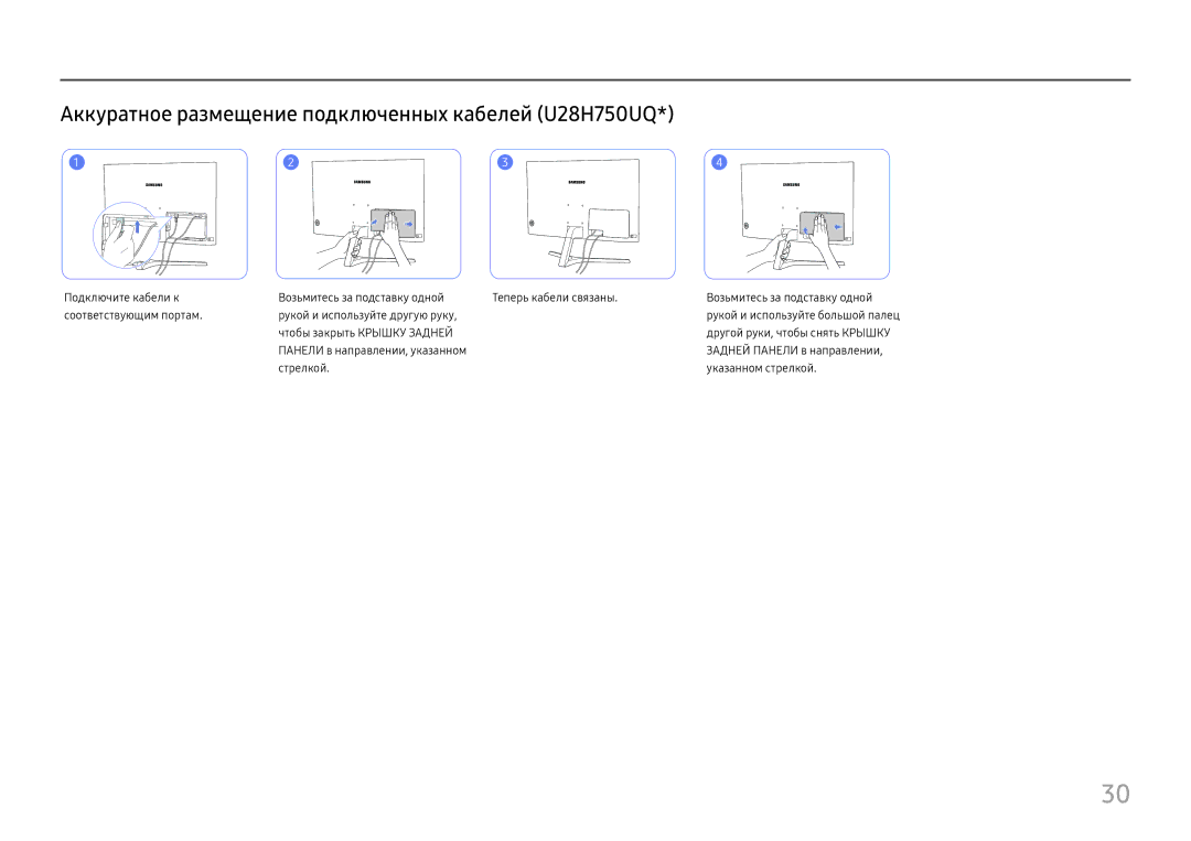 Samsung LU32H850UMUXEN, LU28H750UQIXCI, LU32H850UMIXCI manual Аккуратное размещение подключенных кабелей U28H750UQ 