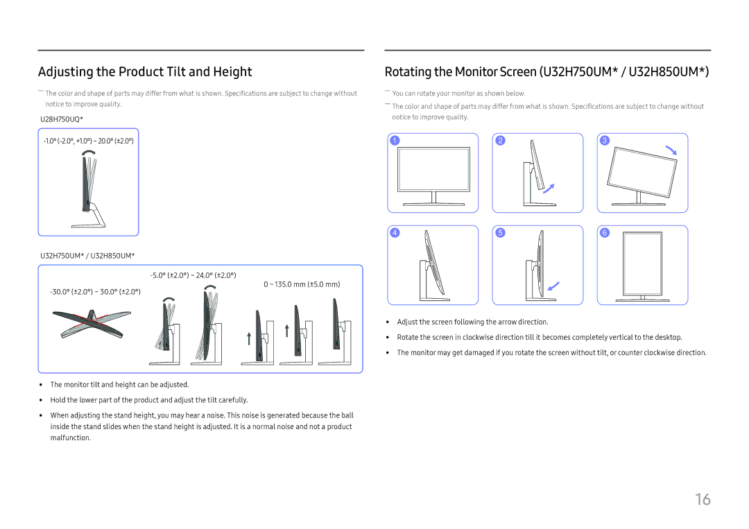 Samsung LU32H850UMIXCI manual Adjusting the Product Tilt and Height, Rotating the Monitor Screen U32H750UM* / U32H850UM 