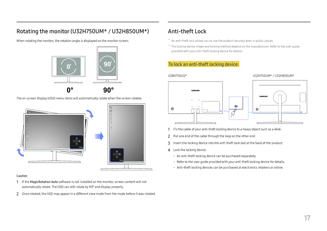 Samsung LU28H750UQMXCH, LU32H850UMUXEN, LU28H750UQUXEN manual Rotating the monitor U32H750UM* / U32H850UM, Anti-theft Lock 