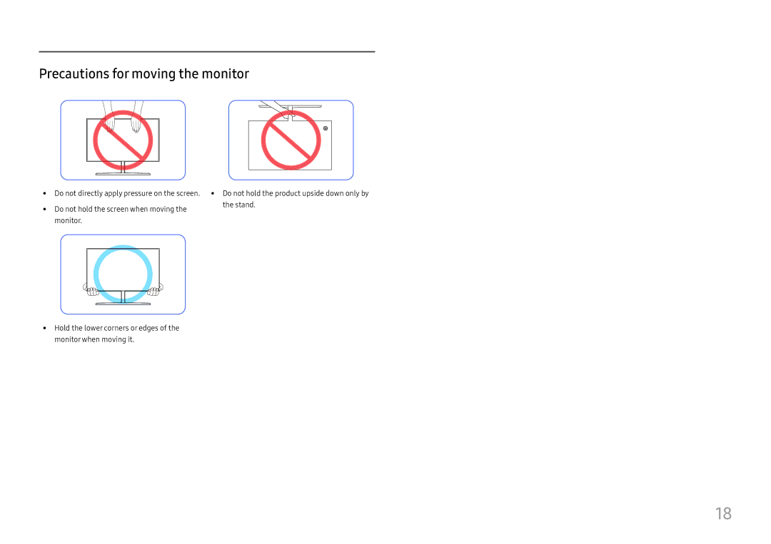 Samsung LU32H850UMUXEN, LU28H750UQUXEN, LU28H750UQEXXV, LU28H750UQIXCI, LU32H850UMIXCI Precautions for moving the monitor 