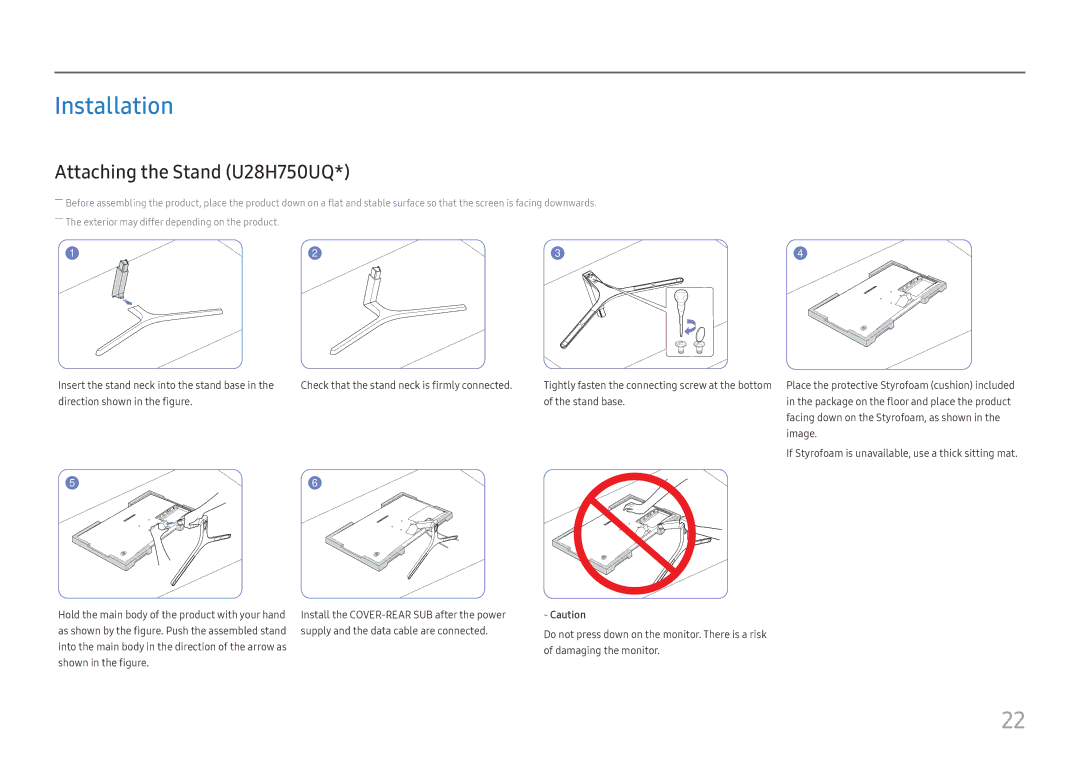 Samsung LU32H850UMIXCI, LU32H850UMUXEN, LU28H750UQUXEN, LU28H750UQEXXV manual Installation, Attaching the Stand U28H750UQ 