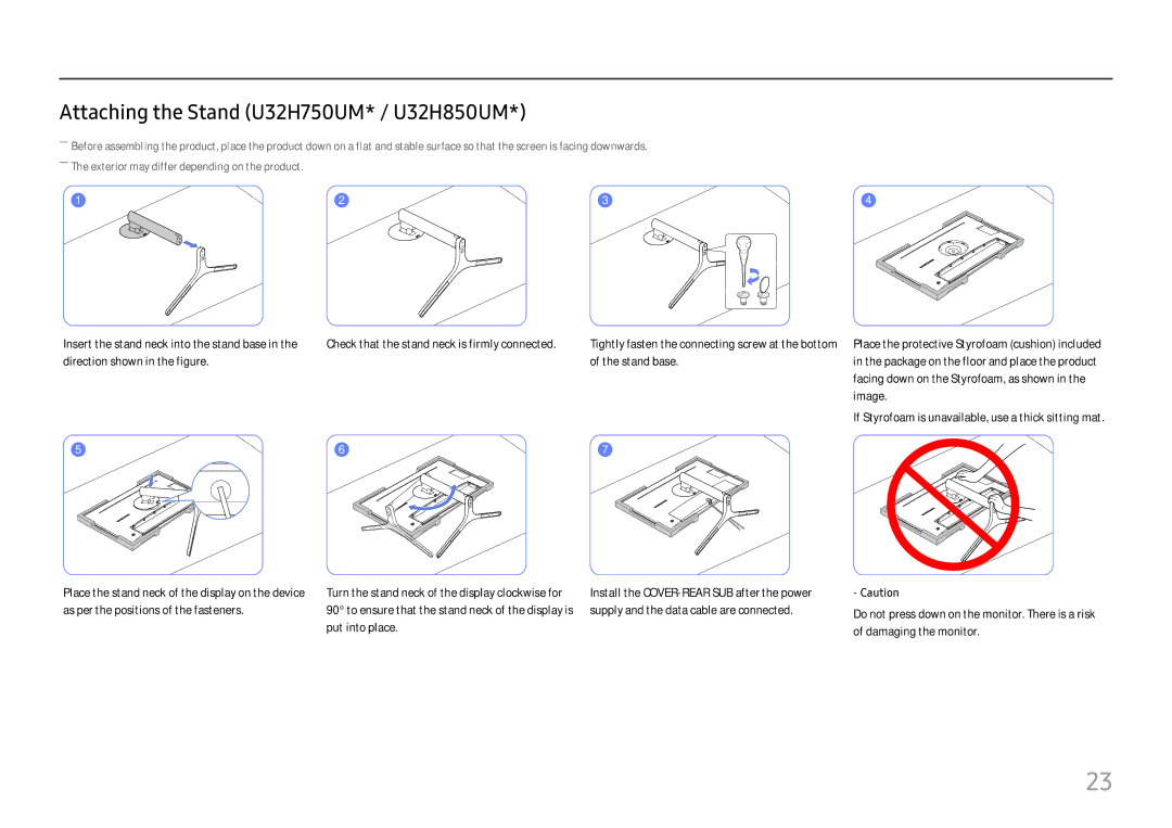 Samsung LU28H750UQMXCH, LU32H850UMUXEN, LU28H750UQUXEN, LU28H750UQEXXV manual Attaching the Stand U32H750UM* / U32H850UM 