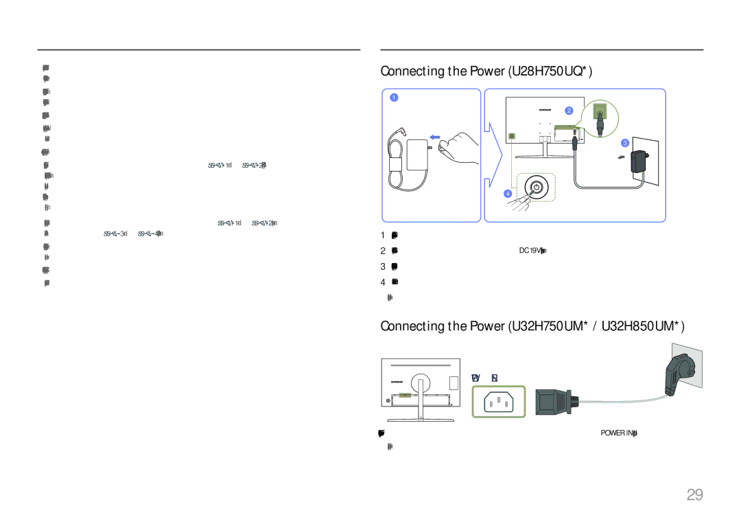 Samsung LU28H750UQMXCH, LU32H850UMUXEN manual Connecting the Power U28H750UQ, Connecting the Power U32H750UM* / U32H850UM 