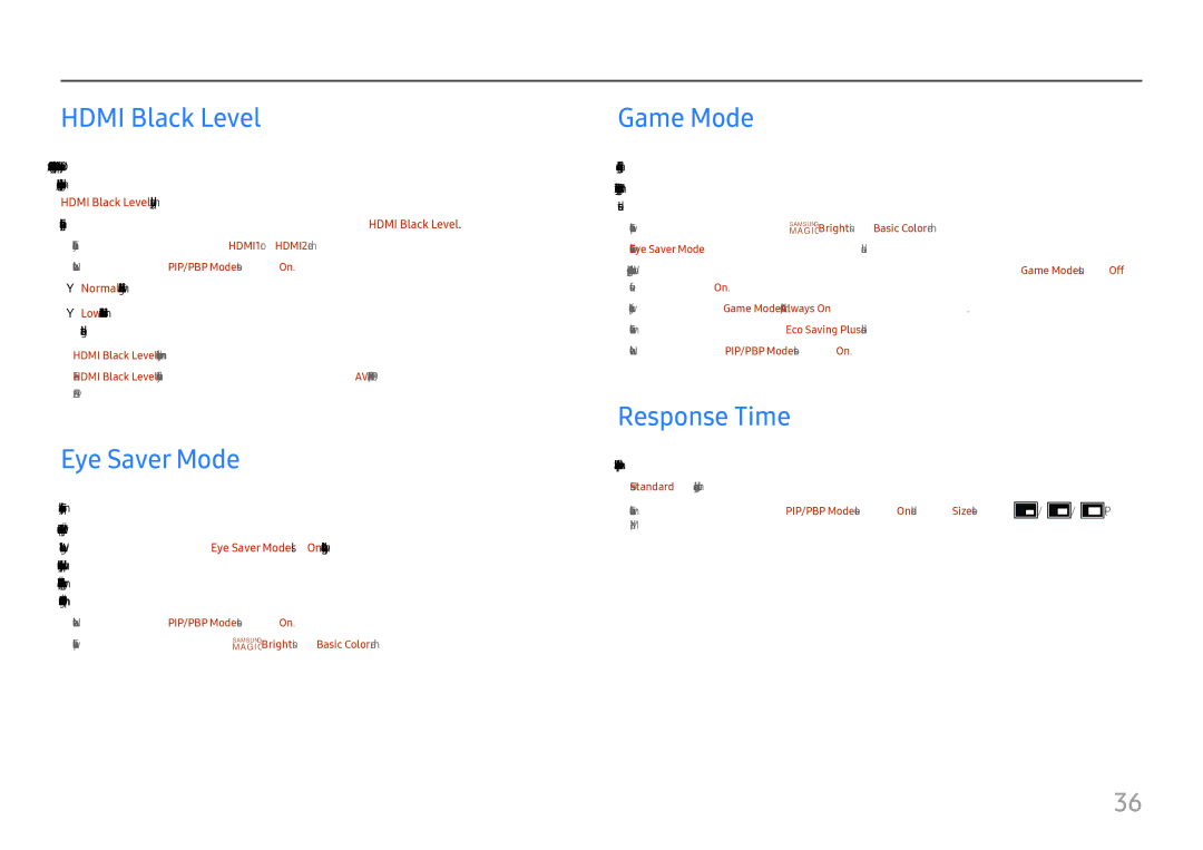 Samsung LU32H850UMUXEN, LU28H750UQUXEN, LU28H750UQEXXV manual Hdmi Black Level, Eye Saver Mode, Game Mode, Response Time 