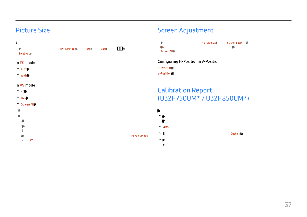 Samsung LU28H750UQUXEN, LU32H850UMUXEN, LU28H750UQEXXV, LU28H750UQIXCI, LU32H850UMIXCI manual Picture Size, Screen Adjustment 
