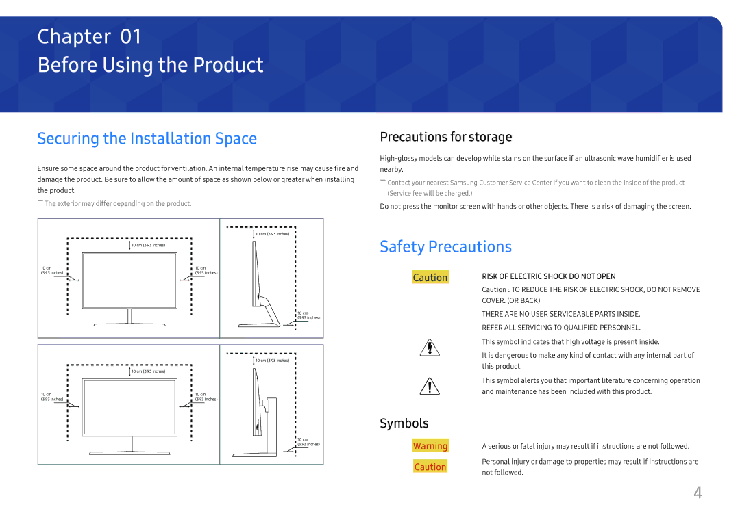 Samsung LU32H850UMIXCI manual Before Using the Product, Securing the Installation Space, Safety Precautions, Symbols 