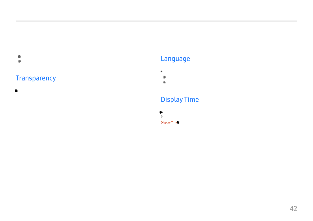 Samsung LU32H850UMUXEN, LU28H750UQUXEN manual Adjusting OSD On Screen Display settings, Transparency, Language, Display Time 