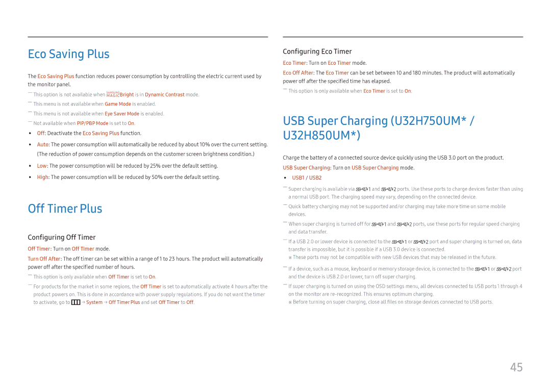 Samsung LU28H750UQIXCI, LU32H850UMUXEN manual Eco Saving Plus, Off Timer Plus, USB Super Charging U32H750UM* / U32H850UM 