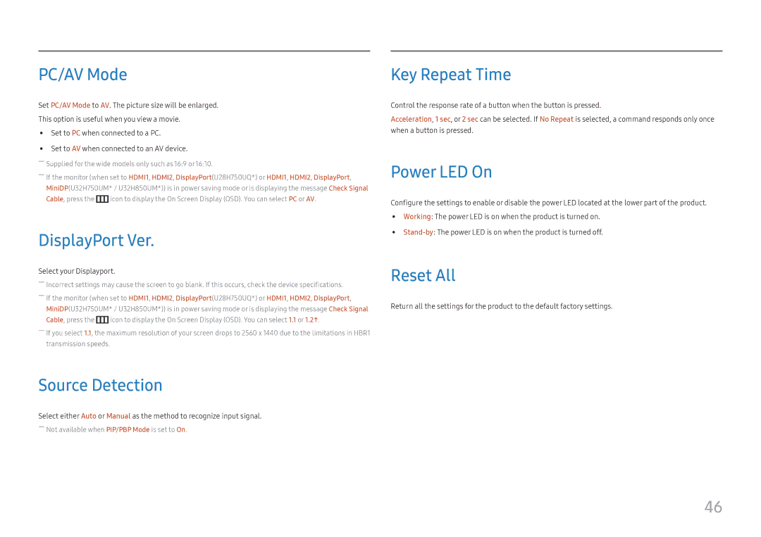 Samsung LU32H850UMIXCI manual PC/AV Mode, DisplayPort Ver, Source Detection, Key Repeat Time, Power LED On, Reset All 