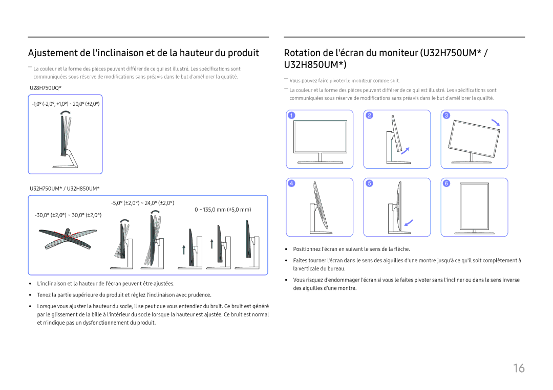 Samsung LU32H850UMUXEN, LU28H750UQUXEN manual Ajustement de linclinaison et de la hauteur du produit 