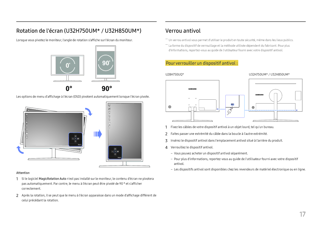 Samsung LU28H750UQUXEN, LU32H850UMUXEN manual Rotation de lécran U32H750UM* / U32H850UM, Verrou antivol 