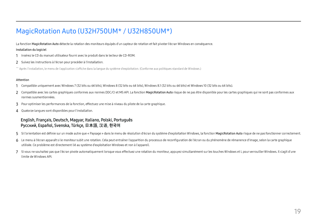 Samsung LU28H750UQUXEN, LU32H850UMUXEN manual MagicRotation Auto U32H750UM* / U32H850UM, Installation du logiciel 