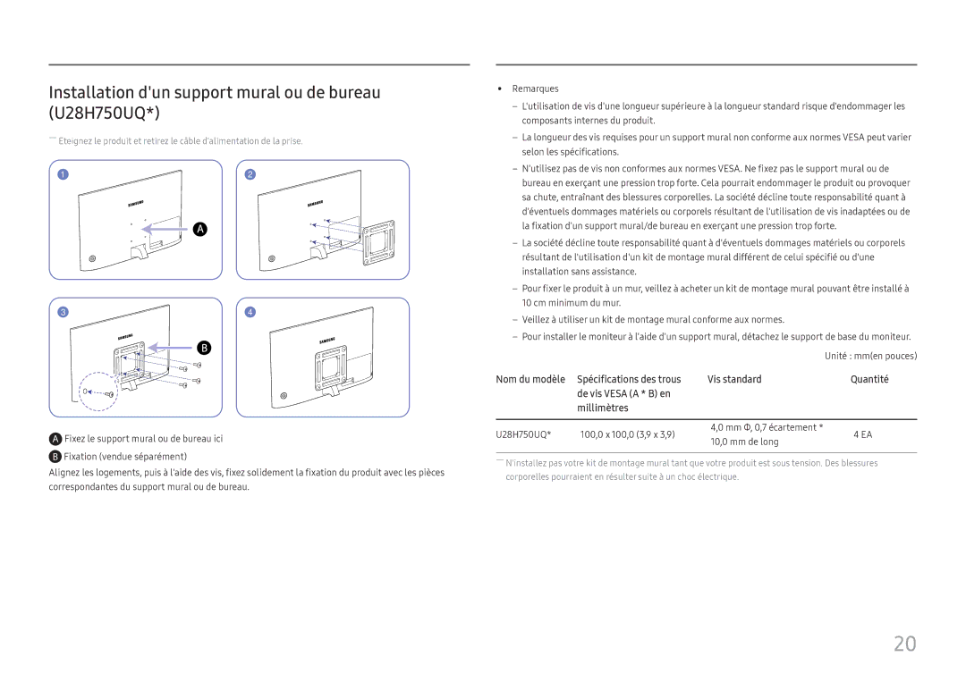 Samsung LU32H850UMUXEN manual Installation dun support mural ou de bureau U28H750UQ, De vis Vesa a * B en Millimètres 