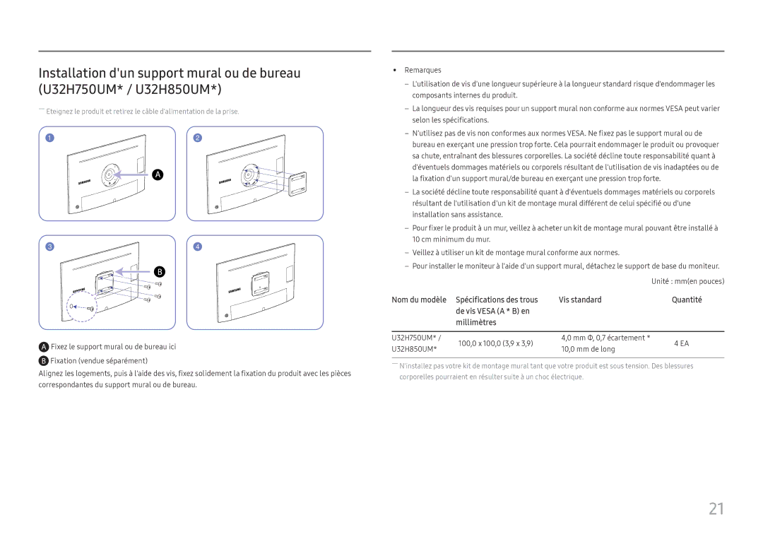 Samsung LU28H750UQUXEN, LU32H850UMUXEN manual Unité mmen pouces 