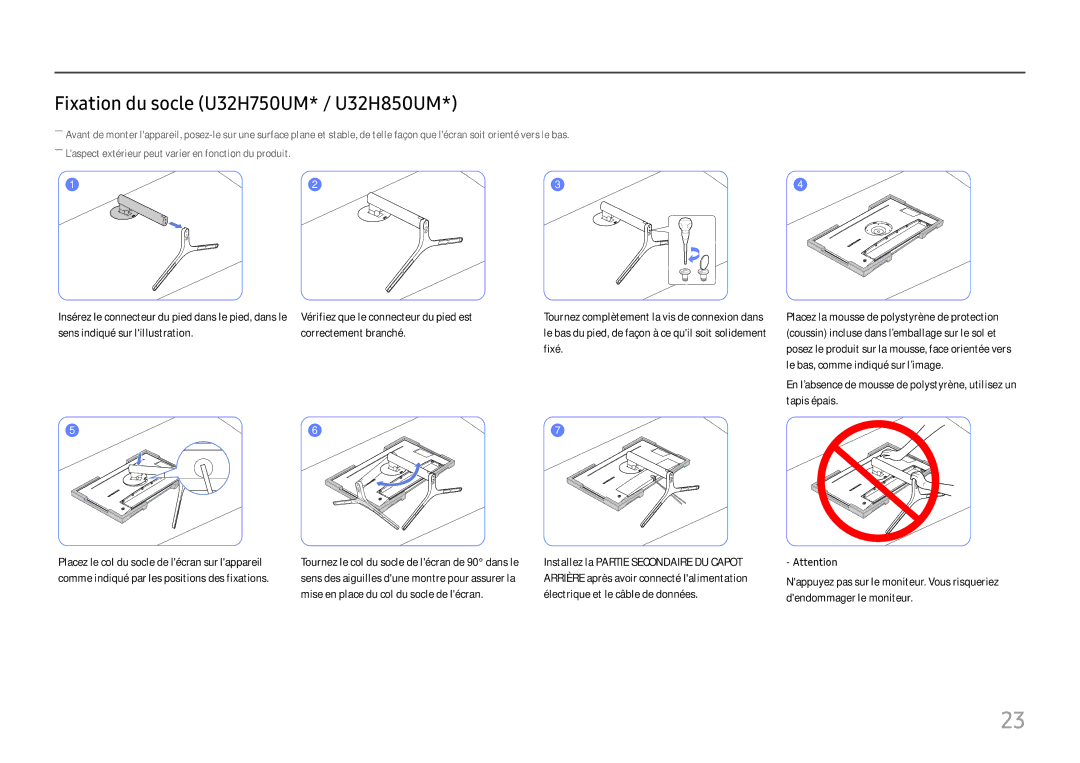 Samsung LU28H750UQUXEN, LU32H850UMUXEN manual Fixation du socle U32H750UM* / U32H850UM 