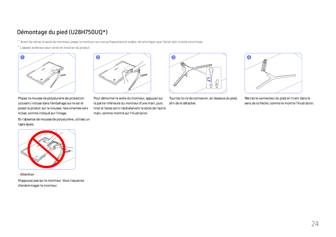 Samsung LU32H850UMUXEN, LU28H750UQUXEN manual Démontage du pied U28H750UQ 