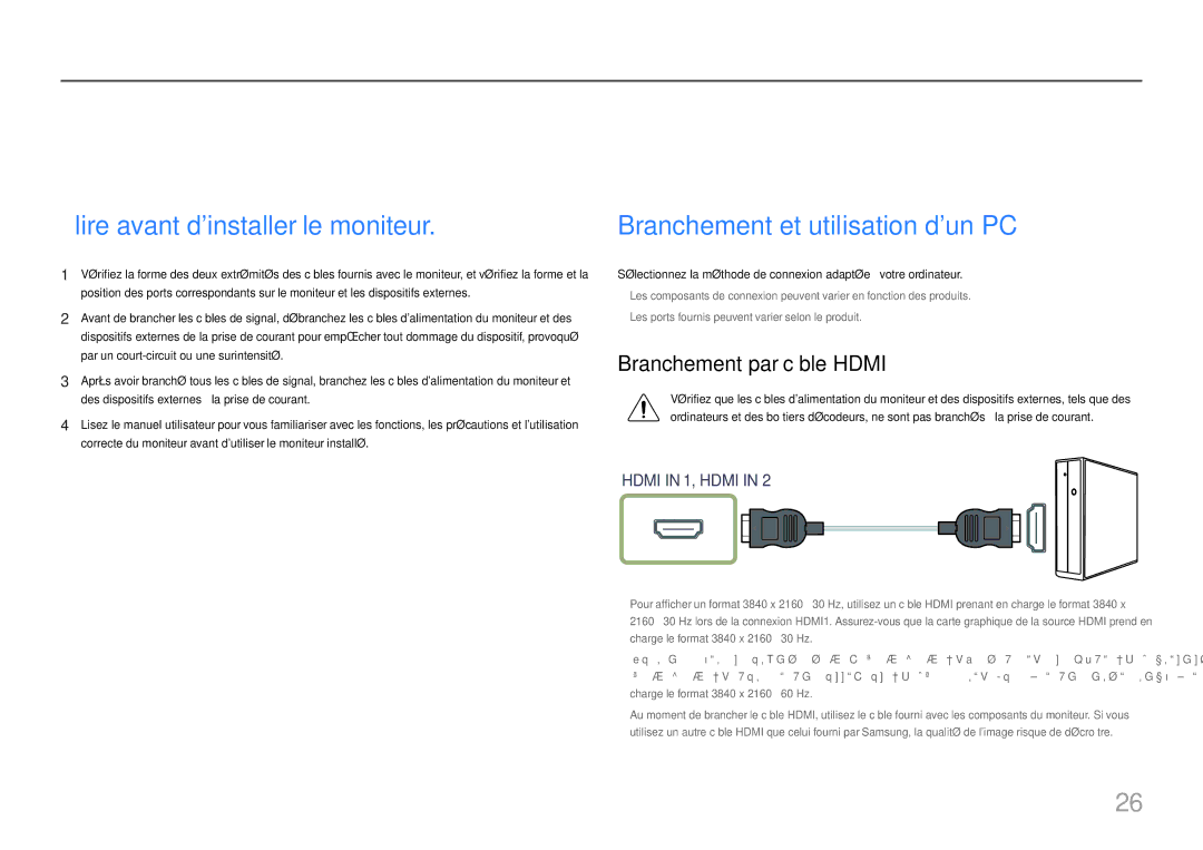 Samsung LU32H850UMUXEN, LU28H750UQUXEN Connexion et utilisation dun périphérique source, Lire avant dinstaller le moniteur 