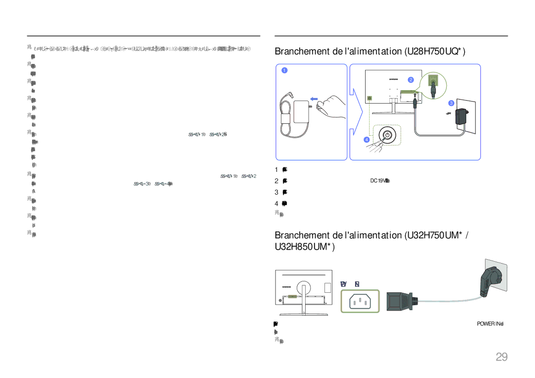 Samsung LU28H750UQUXEN manual Branchement de lalimentation U28H750UQ, Branchement de lalimentation U32H750UM* / U32H850UM 